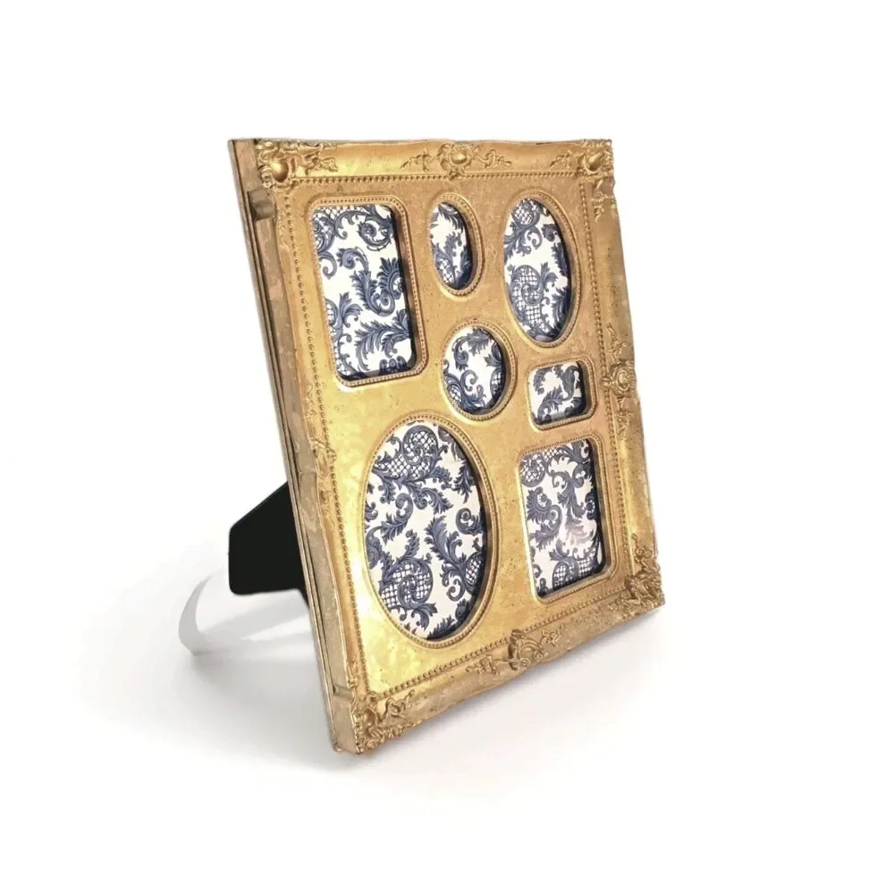 Large Gold Gallery Frame, Wall or Table Mount, 7 photo slots, 15x12